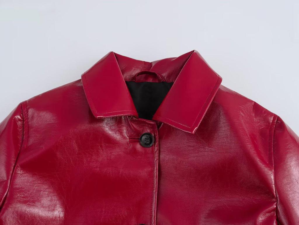 2025 Весенняя женская красная глянцевая кожаная куртка с лацканами – Европейский и американский стиль