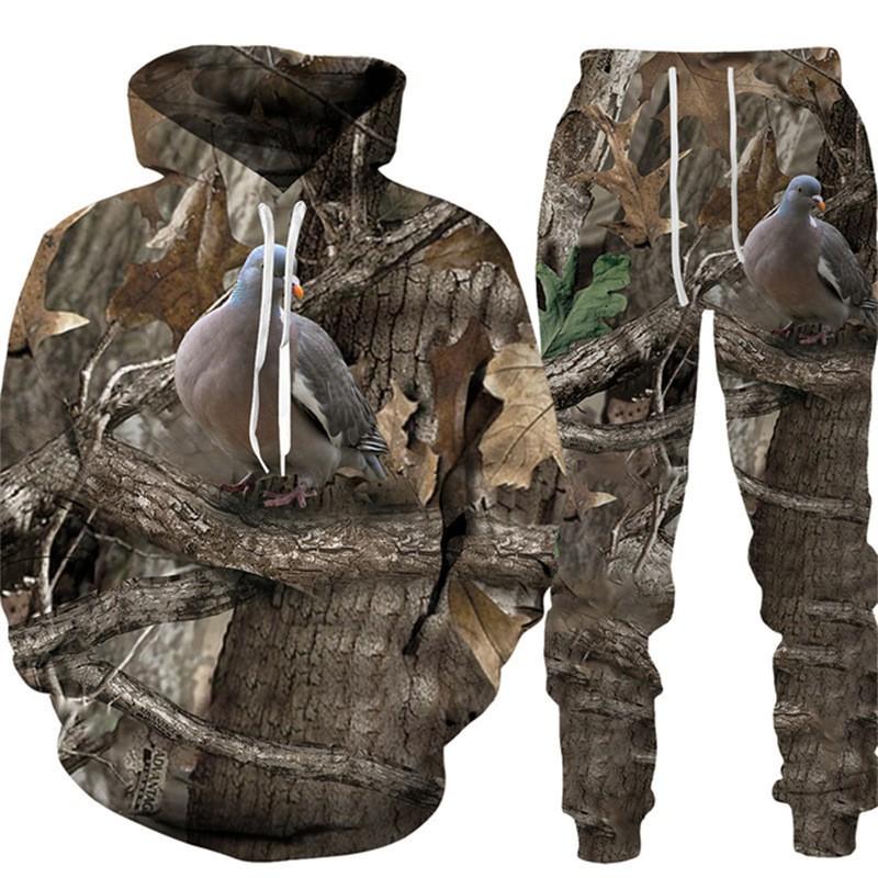 Mens Casual Hooded Tracksuit Set 3D Camo Boar Print Long Sleeve Top Pants Winter