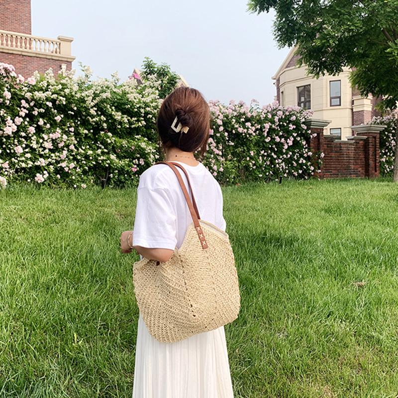 Summer Straw Bucket Shoulder Bag Women Large Capacity Beach Bags Vacation Rattan Tote Bag