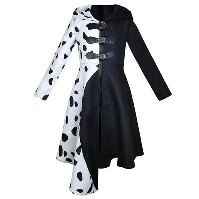 Костюм для косплея для взрослых и детей Evil Madame Cruella De Vil, черно-белое забавное платье с капюшоном для девочек и женщин, карнавальная одежда на Хэллоуин
