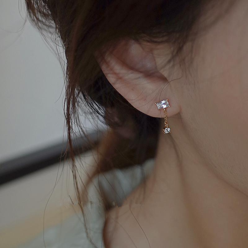 925 Sterling Silver Korean Simple Temperament Geometric Zircon Stud Earrings Women Plating 14k Gold Wedding Jewelry