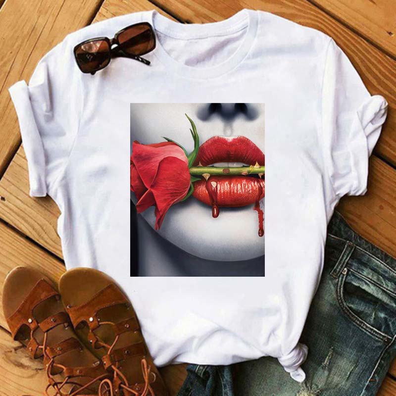 New Sexy Lips Unisex Tshirt Fashion Graphic Printed Tshirt Harajuku Ulzzang Rose Diamond Snake Lips Casual Tops Tee