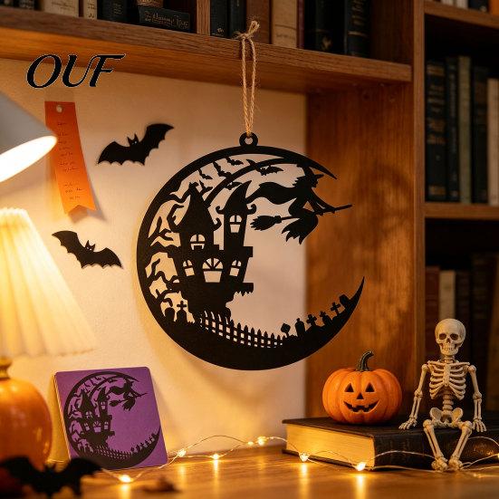 Halloween Witch Decoration Metal Decoration, Hollow Castle Hanging Ornament, Broom Holiday Ornament Table Sign for Party Haunted House Decor Spooky