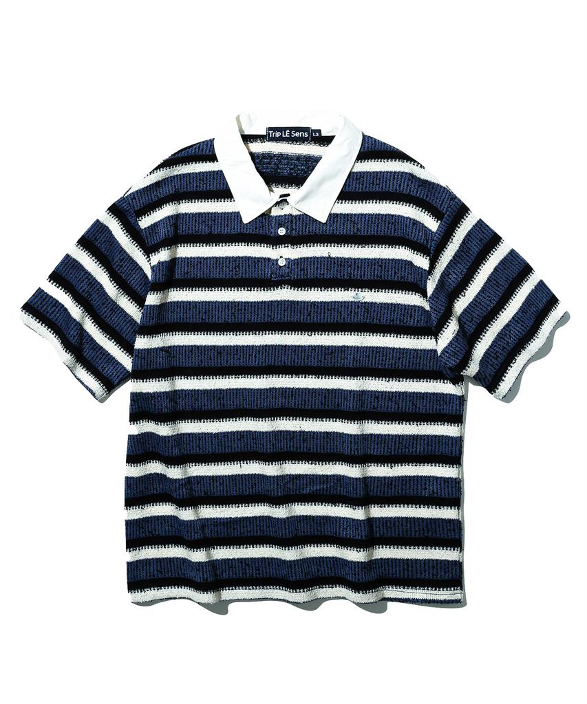 TRIP LE SENS Surfer Stripe Waffle Polo Shirt_Black