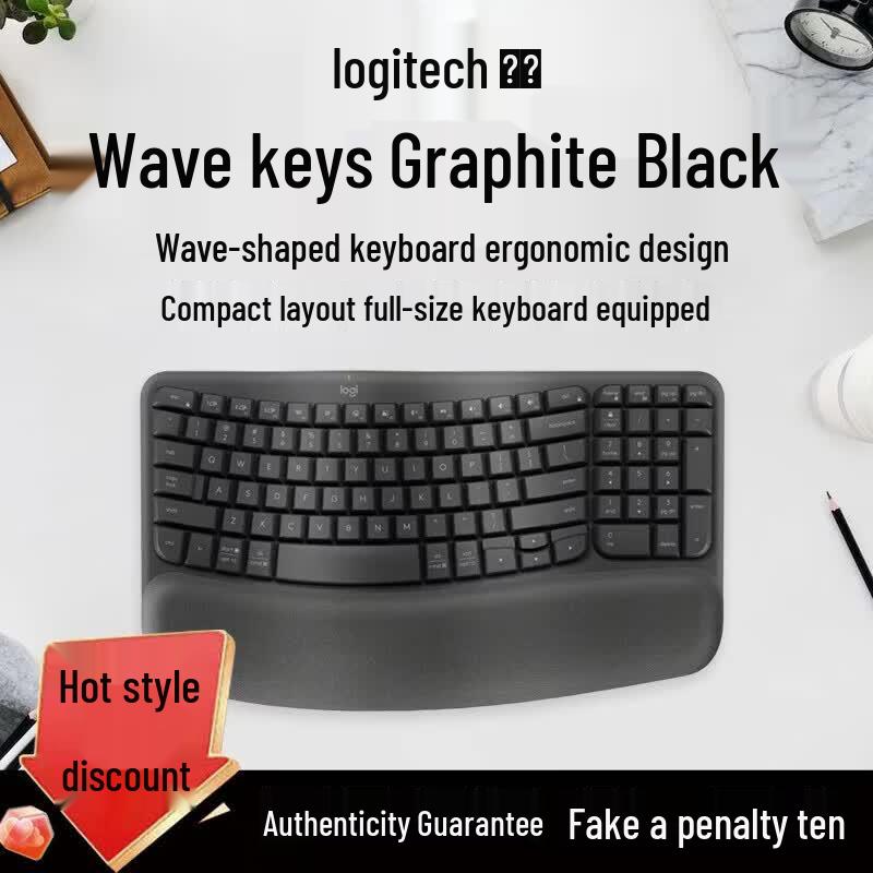 Logitech Wave Keys Ergonomic Wireless Bluetooth Keyboard with Palm Rest