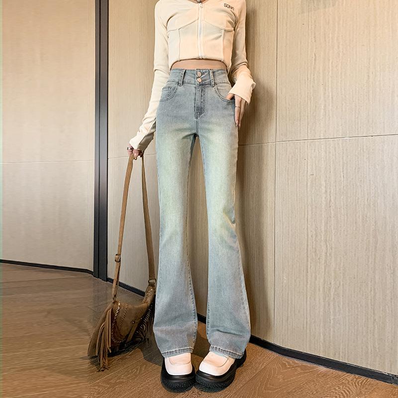 Джинсы микро-клеш для женщин Весенние Новые С высокой талией Слимфит Эластичные На двойной пуговице Античный синий Расклешенные брюки