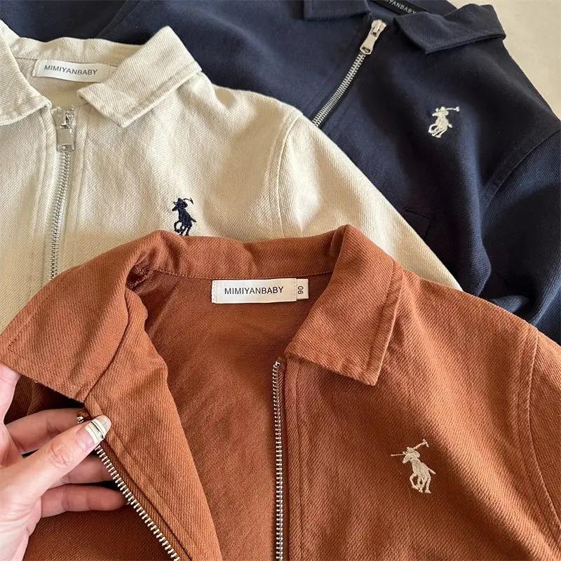 2-7Y Children's Cotton Coat 2024 Spring Boys Girls Japanese Embroidered Flip Collar Jacket Baby Short Zipper Autumn Shirt