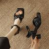 Fashion New Summer Sandals Women Shoes Square Toe Chunky Heel Sandal High Heels Sandals for Women Handmade Genuine Leather Sandals