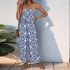 Summer Women's Comfortable Fashion Blue Printed Elasticated High Waist Smocked Long Jumpsuit