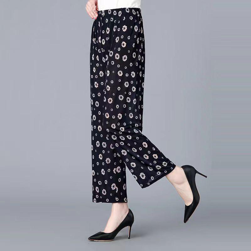 Women Summer Ice Silk Floral Printed Wide Leg Pants Elastic High Waist Casual Loose Cropped Pants