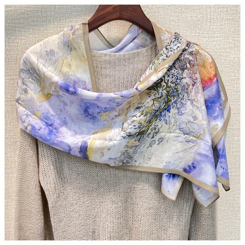 Oil painting magnolia thin silk crepe de chine scarf long scarf 100% mulberry silk summer sunscreen