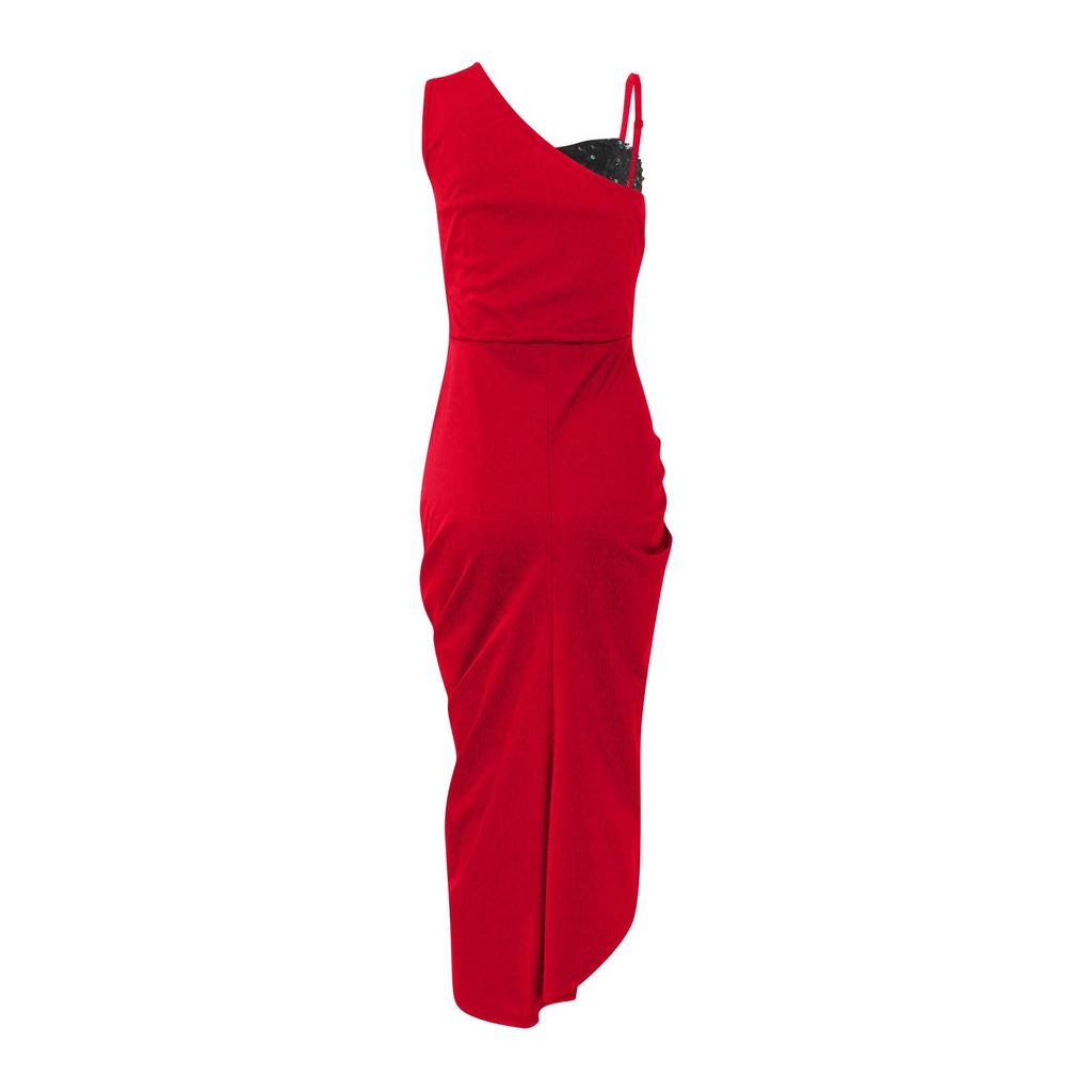 Women's Sexy One Shoulder Sequin Patchwork Satin Midi Dress Ruched Waist High Thigh Slit Bodycon Evening Cocktail Party Formal Gown