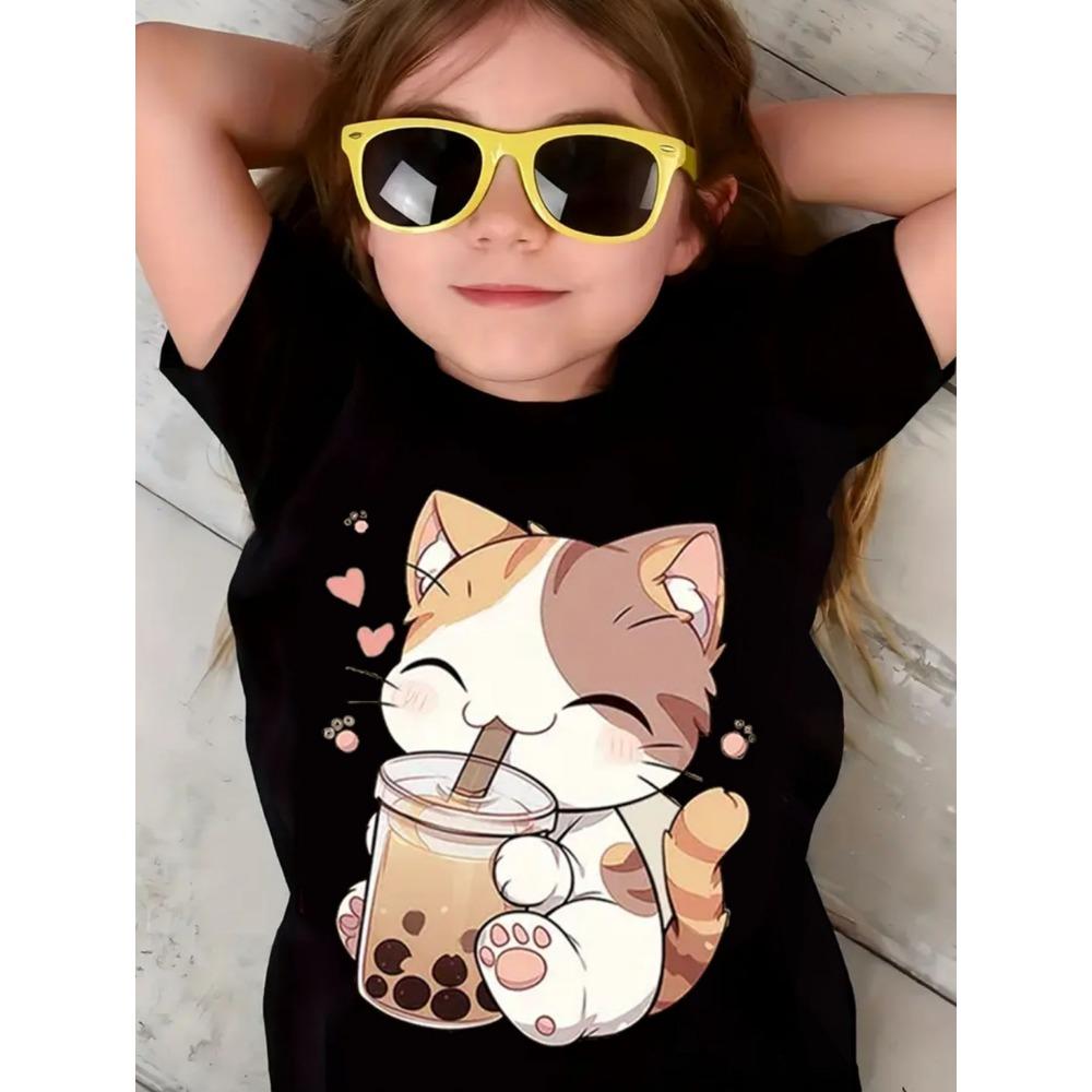 Girls' clothing 3D printed children's T-shirt round neck pullover, girls' short sleeved T-shirt, comfortable children's clothing