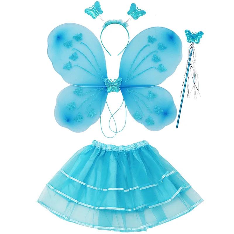 Girl Performance RolePlay Butterflies Costumes Princess Fairy Wings Magic Wand Headband Skirt 4Pcs Halloween Cosplay Party Props