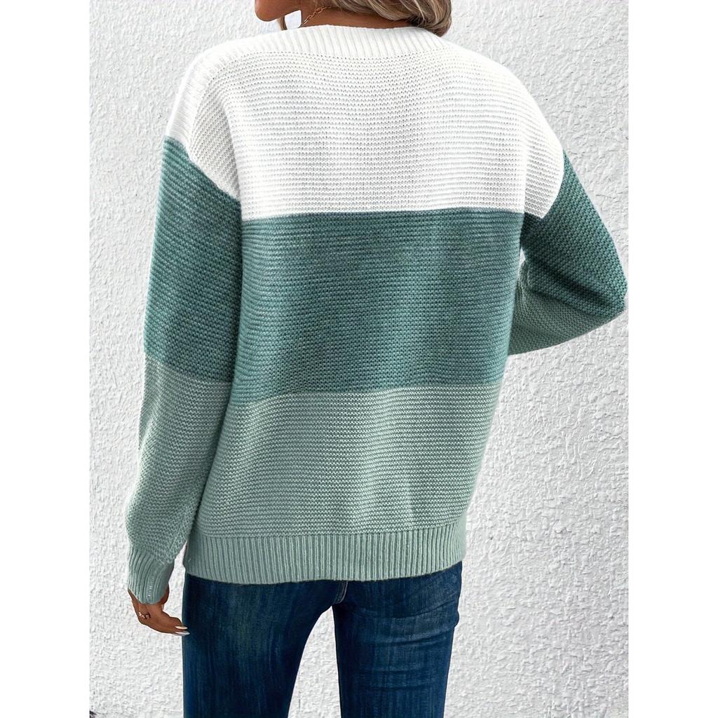 Stripe Color Block Sweater, Elegant Long Sleeve Drop Shoulder Sweater for Fall & Winter, Women's Clothing