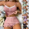 Women's Sexy 2 Piece Pajama Set Ribbed Lace Trim Button Cami Top Ruffle Hem Shorts Sleepwear Set Summer Casual Loungewear