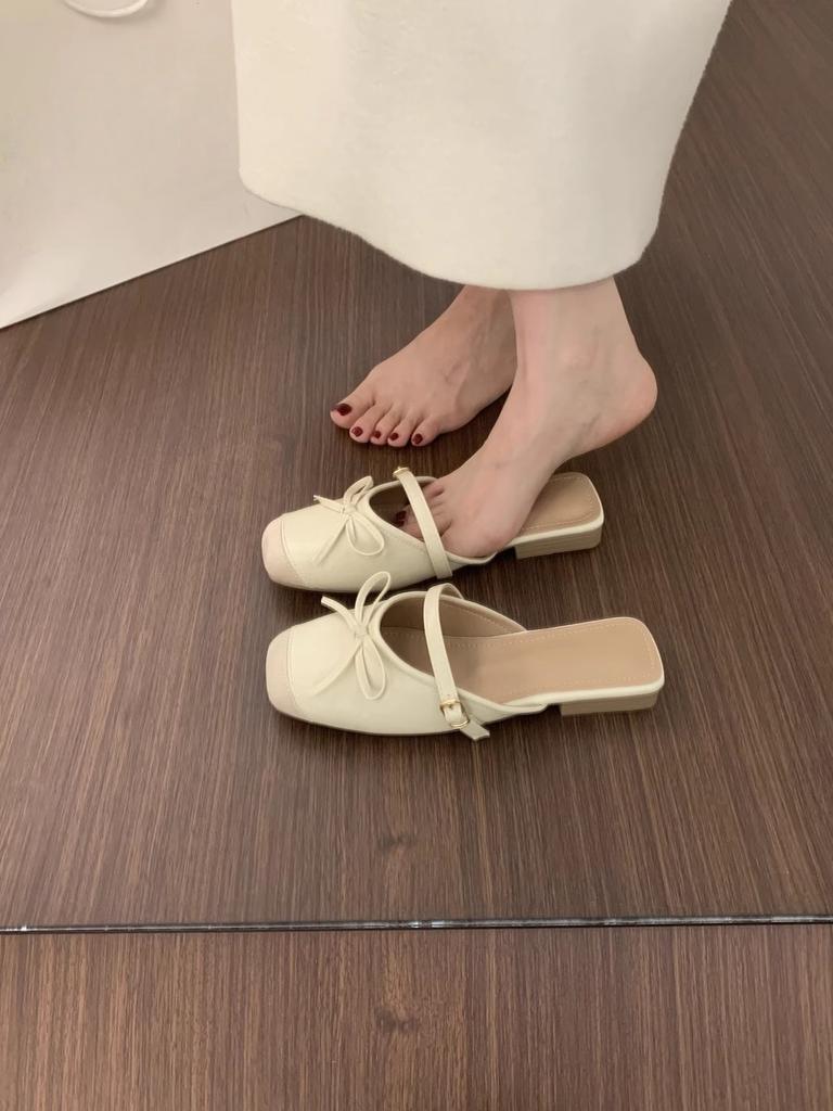 French Flat-bottomed Evening Wind Bag Head Half Slippers Women's Outer Wear Summer One-pedal Bow Square Head Muller Shoes Sandals