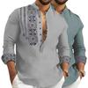 Мужская весна-осень рубашка с воротником-стойкой, полуоднобортный винтажный пуловер с длинными рукавами в этническом стиле, облегающий принт, мужская повседневная футболка средней длины