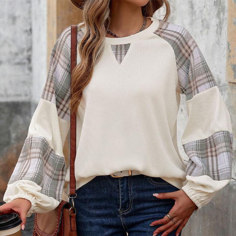 Women's Checkered Clashing Colour Splicing Round Neck Pullover Sweatshirt Loose Casual Top
