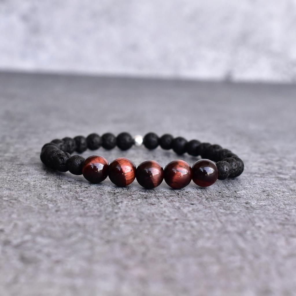 Natural red tiger eye and lava bead bracelet Diffuser bracelet for man Stretchable handmade beaded bracelet Fashion bracelets for him