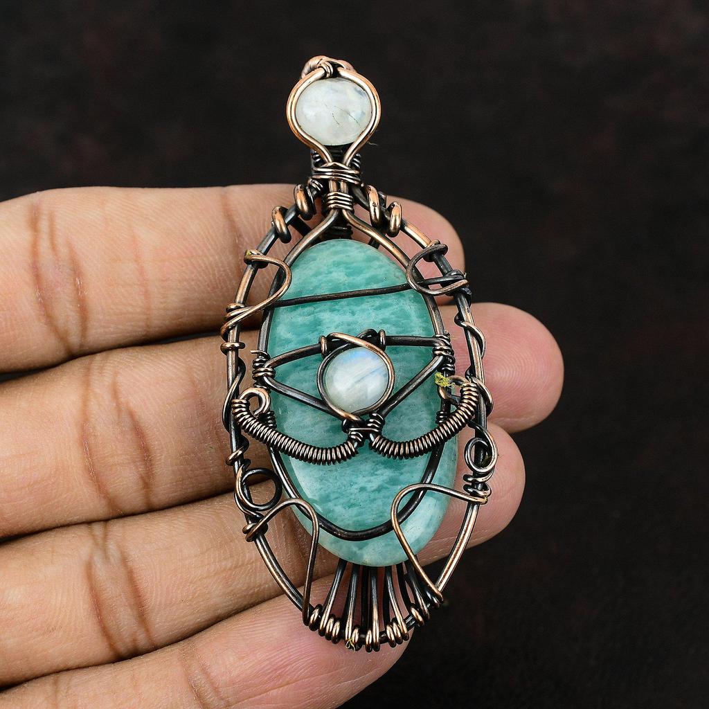 Evil Eye Amazonite Gemstone Copper Pendant Copper Wire Wrapped Jewelry Moonstone Jewelry Handmade Pendant Amazonite Jewelry Engagement Gift
