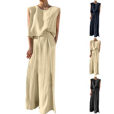 Модный женский повседневный пуловер без рукавов из хлопка и льна с широкими брюками, однотонный костюм