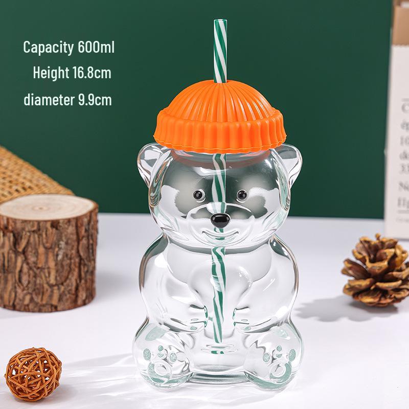 Cartoon Bear Glass Cup with Straw | Creative Teddy Bear Design