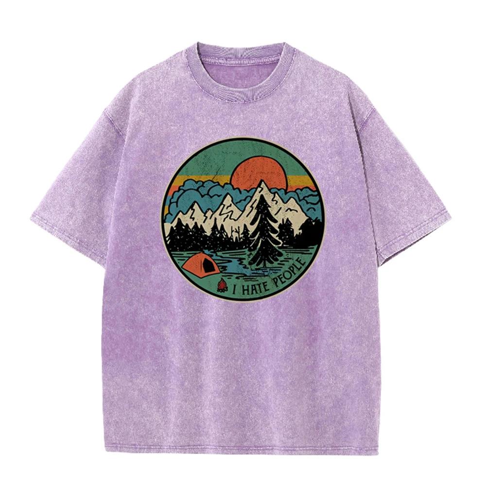 2026 Vintage Round Mountain Camping Tent Sunset Graphic Beige Washed T Shirt Retro Outdoor Forest Funny Slogan Oversized Unisex