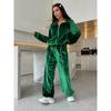 Vintage Velvet Stripe Tracksuit Set Womens Stand Collar Full Zip Hoodie High Waist Drawstring Wide Leg Pants