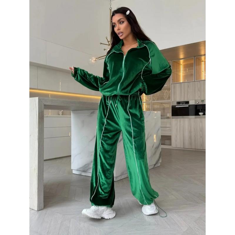Vintage Velvet Stripe Tracksuit Set Womens Stand Collar Full Zip Hoodie High Waist Drawstring Wide Leg Pants