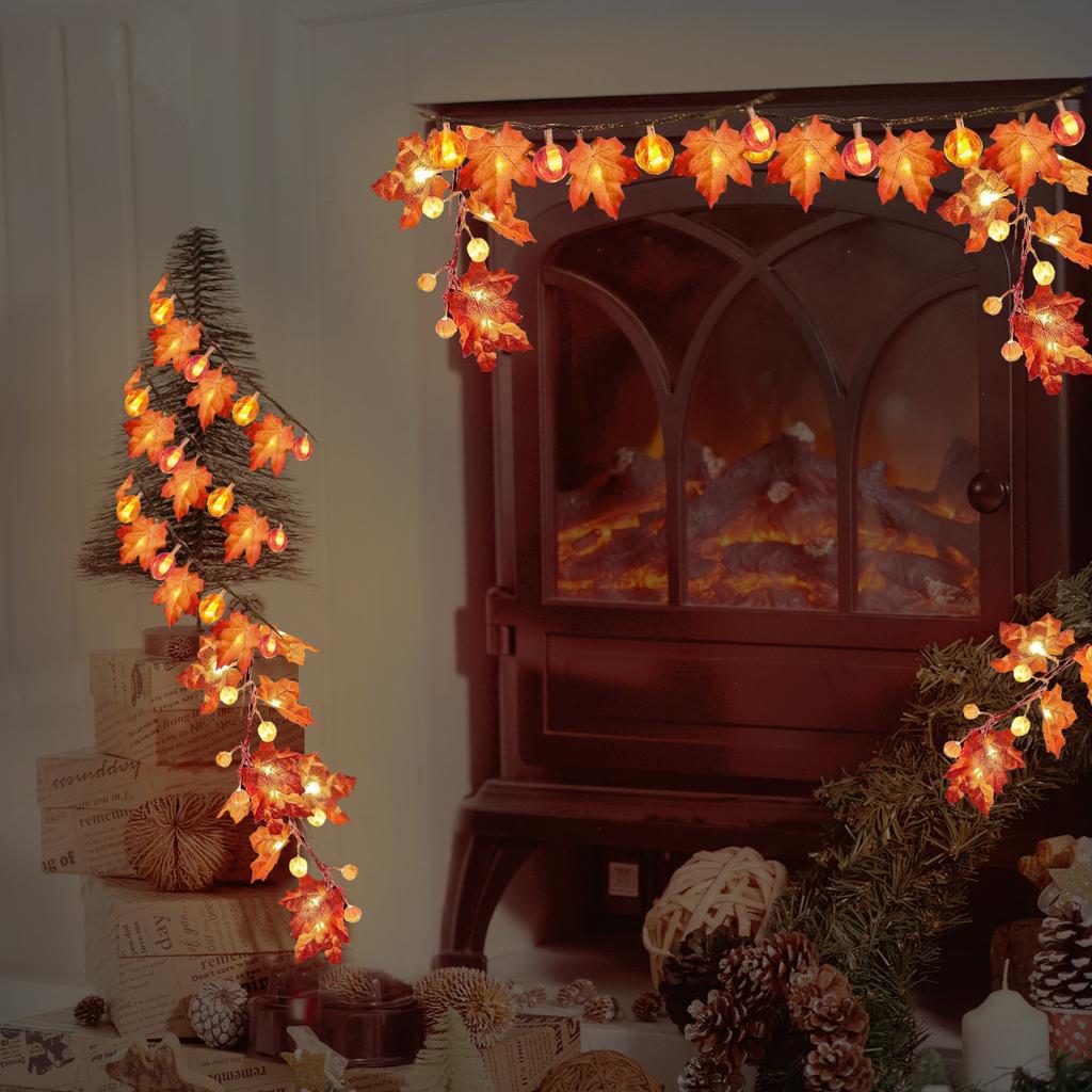 33FT 80LEDs Halloween Fairy String Lights Pumpkin Maple Leaf Shaped Decorative Hanging Lights Warm White Waterproof Battery Operated Lighting