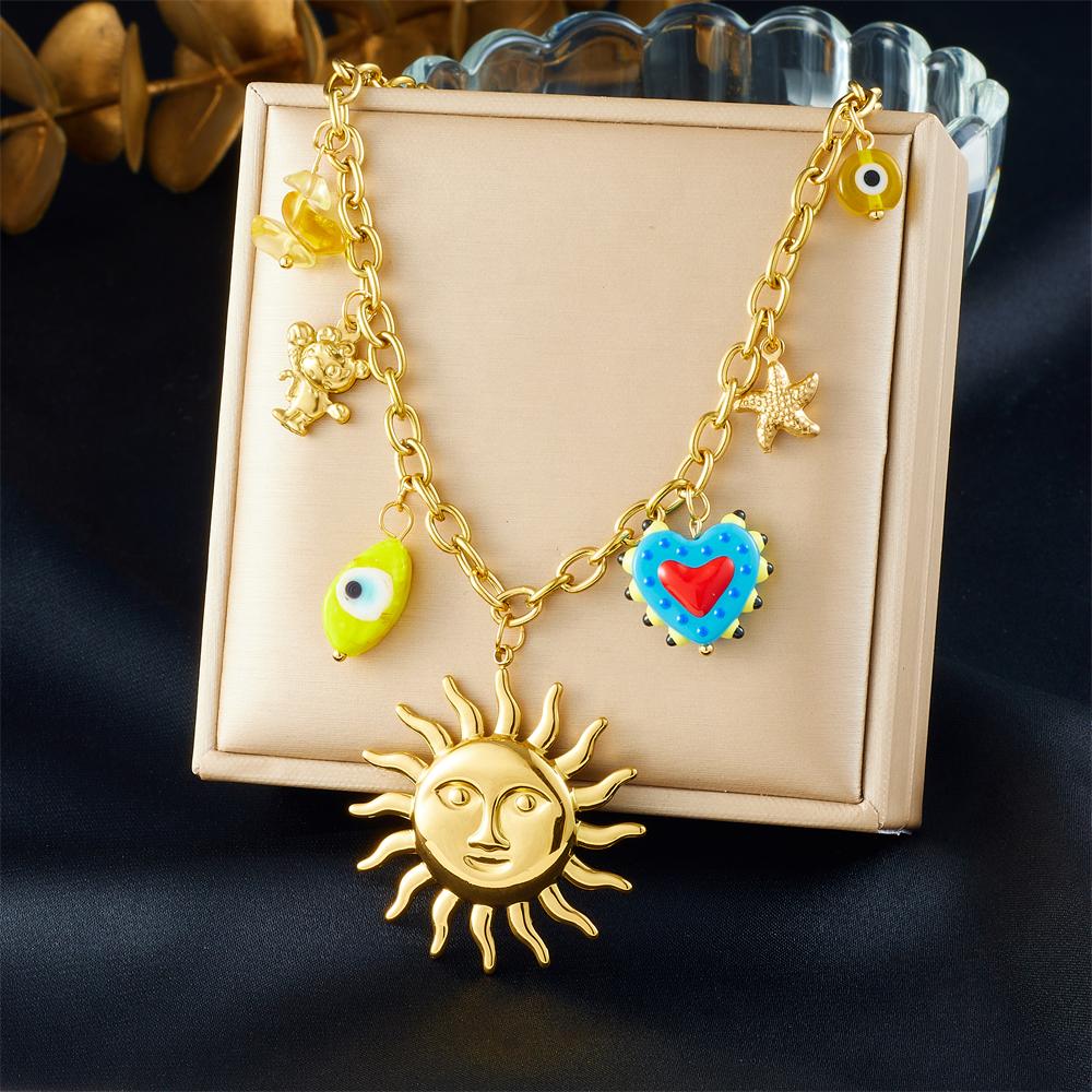 DIEYURO 316L Stainless Steel Golden Personality Sun Serie Multi Pendant Necklace Women New Fashion Neck Chain Vacation Jewelry