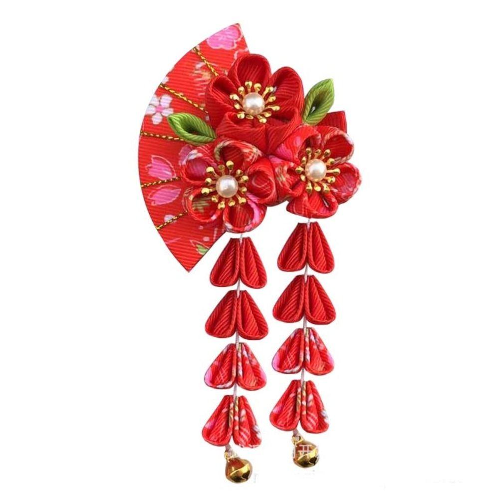 Flower Japanese Kimono Headwear Sakura Kimono Hair Clip All-match Tassel Fan Hairpin  Children