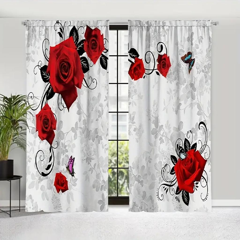 New Modern Style Butterfly Rose 3D Digital Printed Thin Curtain for Boys Girls Room Bedroom Window Curtain 2 Pieces Rod Pocket