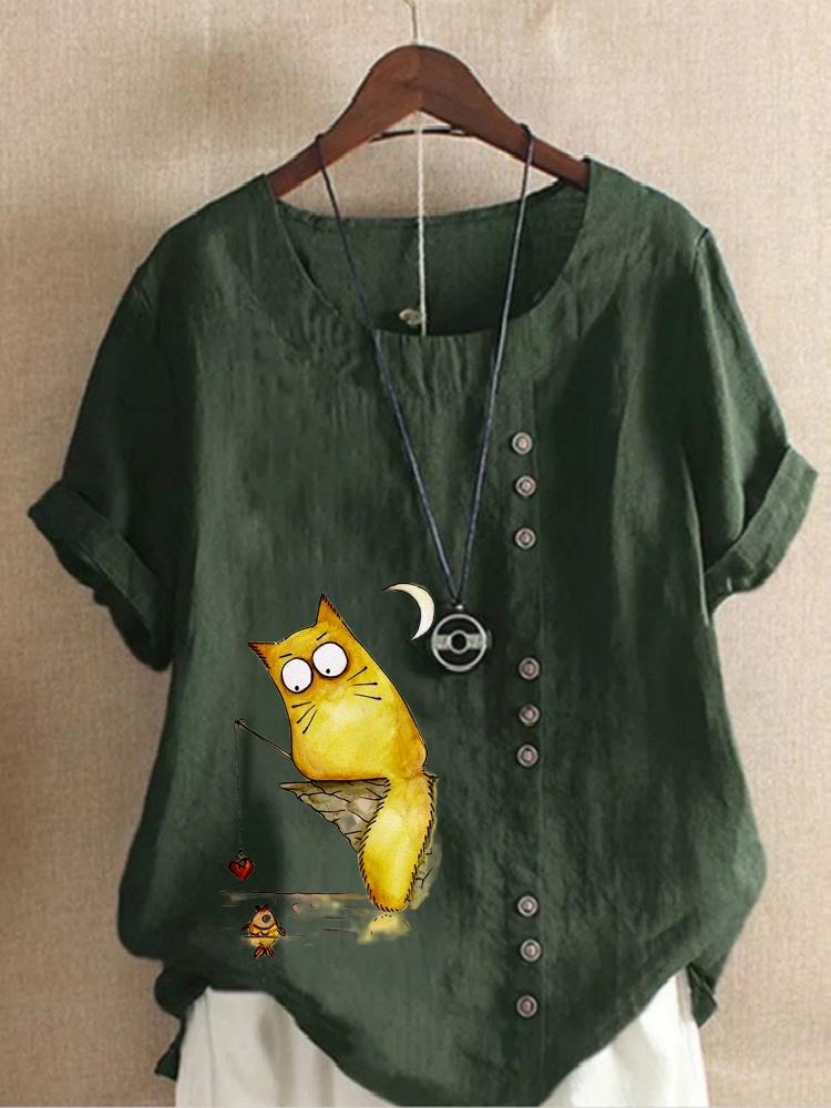 Women's Linen Shirt Round Neck Short Sleeve Cartoon Cats Printed T-shirt Summer Ladies Casual Plus Size Blouse Tops