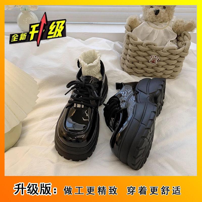 Popular Black Lace-up Platform Muffin Leather Shoes 2025 Spring and Autumn New Versatile Retro British Style Heightening Single Shoes