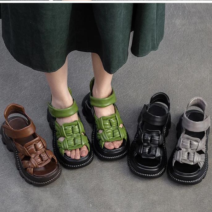 Johnature Дышащие сандалии с открытым носком из натуральной кожи ручной работы, ретро, для通勤, женская обувь на платформе