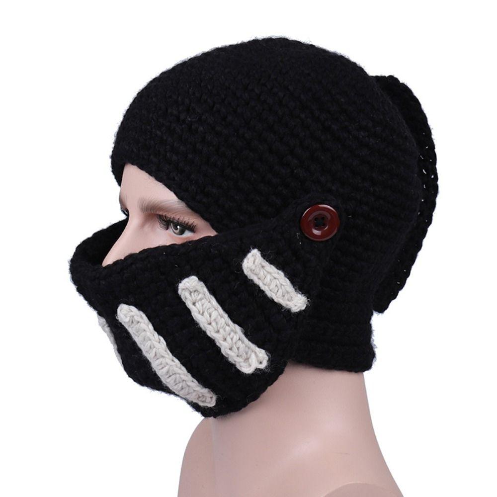 Playful Knight helmet Hat with Mask Funny Headgear Soft Knitted Roman Knight Cap Skiing