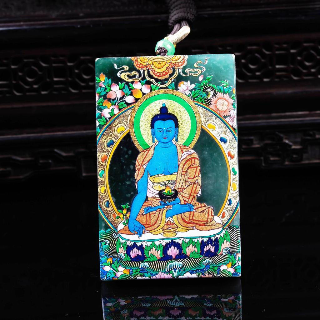 Exquisite Blue Jade Medicine Buddha Pendant - High Ice Grade A