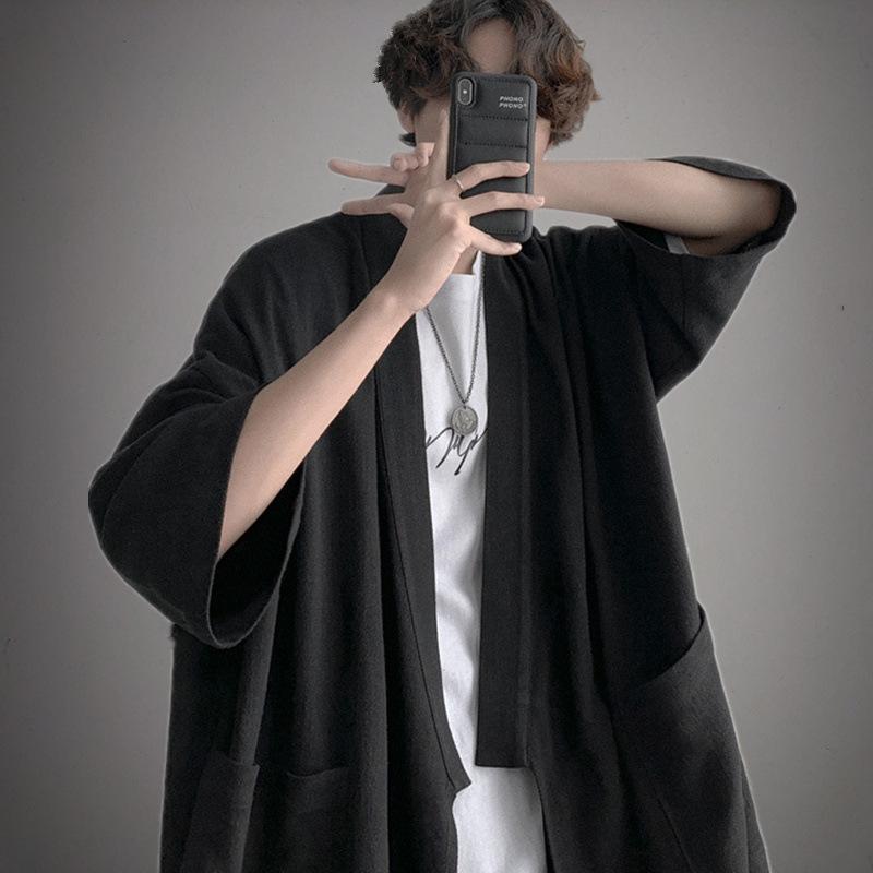 Мужской летний кардиган с коротким рукавом, пончо, кардиган большого размера, свободный, с коротким рукавом