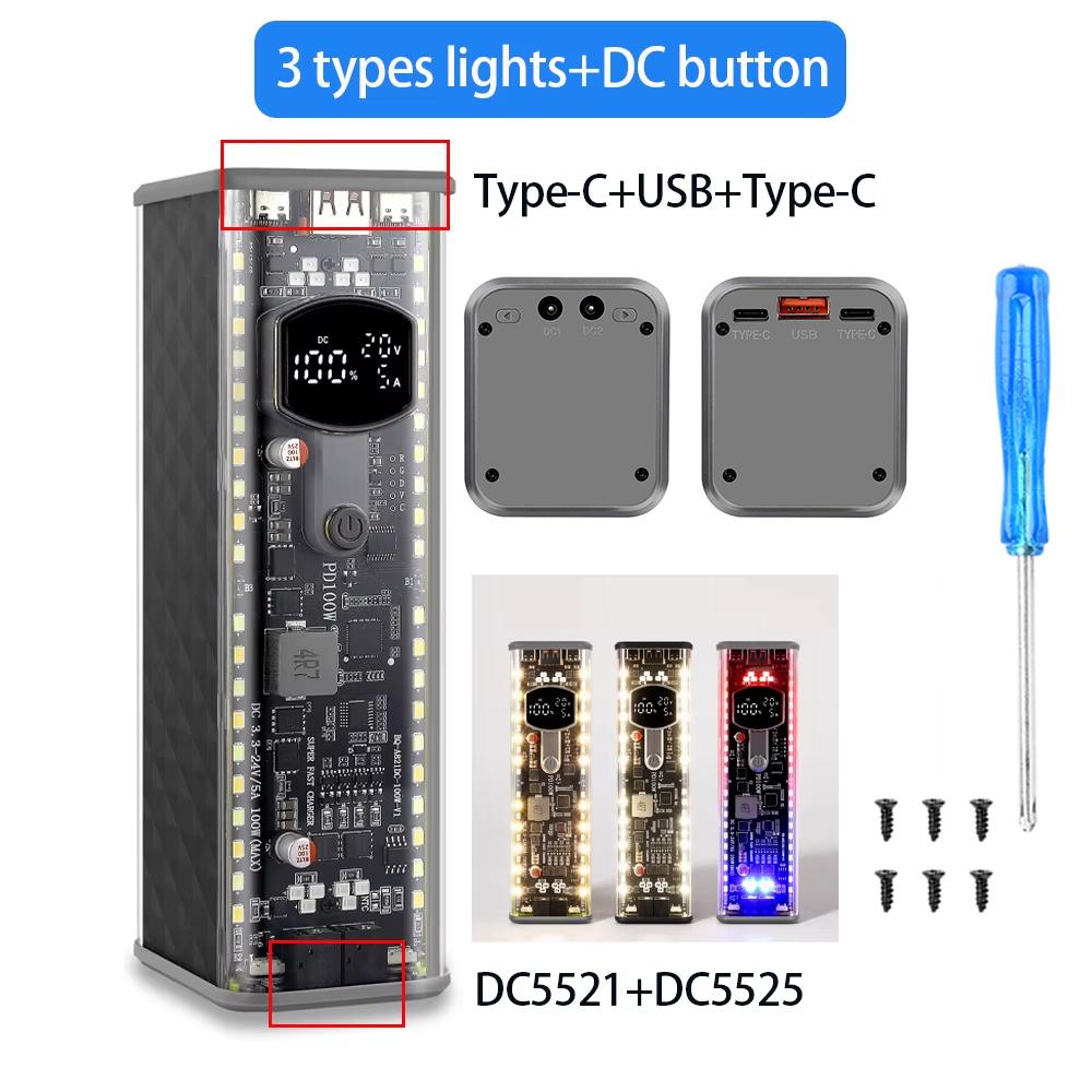 111W PD Fast Charge 11711 Battery Box Transparent Power Bank Case Solder-Free DIY 8-Cell Battery Holder DC Voltage Adjustable