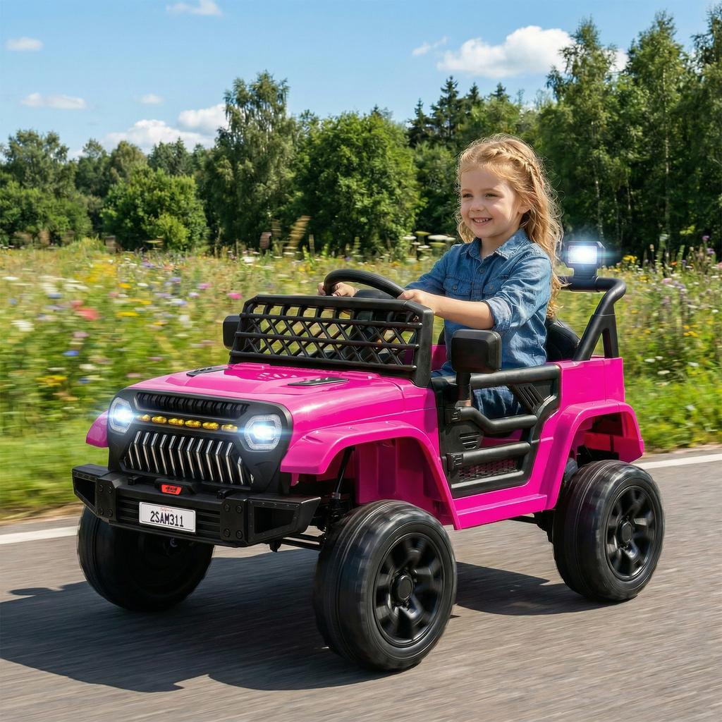 Kids Electric Car 12V, Electric Kids' Car with 2.4 GHz Remote Control, 2 Motors, Horn, LED, Music, for 3-8 Years, Pink