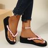 Fashion Casual Yarn Ball Decoration Flip Flops Women 2025 Summer Round Toe Black Wedge Heels Slippers Comfortable Non Slip Beach Sandals