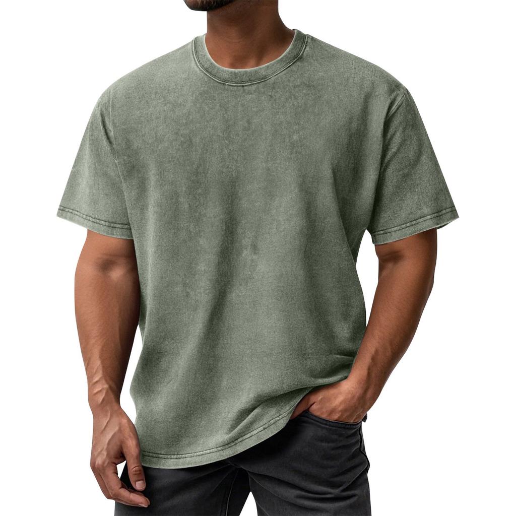 Men's Summer Retro Washed Round Neck Distressed Top Loose Short-sleeved T-shirt