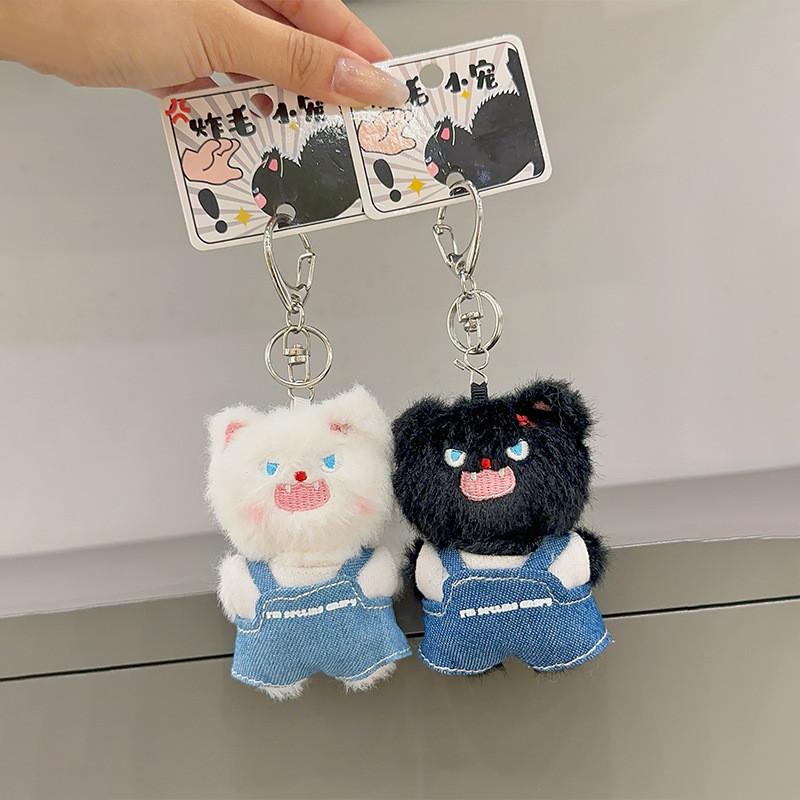 Plush Angry Cat Keychain With Denim Overalls For Anime Collectors And Gift Givers