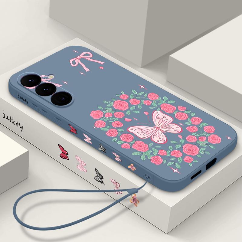Винтажный чехол с цветами и бабочками для Samsung Galaxy A56 A17 A26 A16 A36 A55 A54 A53 A15 S24 S25 FE S25 S22 S23 Ultra Plus с ремешком, мягкая обложка