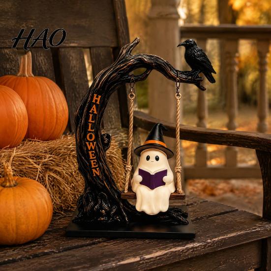 Halloween Home Decor Gifts Swinging Ghost on Tree Figurine, Resin Swing Statue, Spooky Porch Accessories Reading Ornament, Indoor Outdoor Tabletop