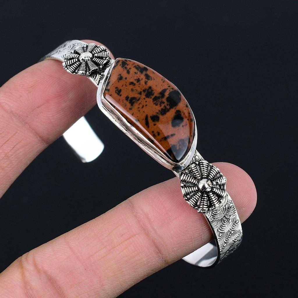 Распродажа ко Дню сестер Натуральный махагоновый обсидиан Стерлинговое серебро Браслет-бенгл для жены