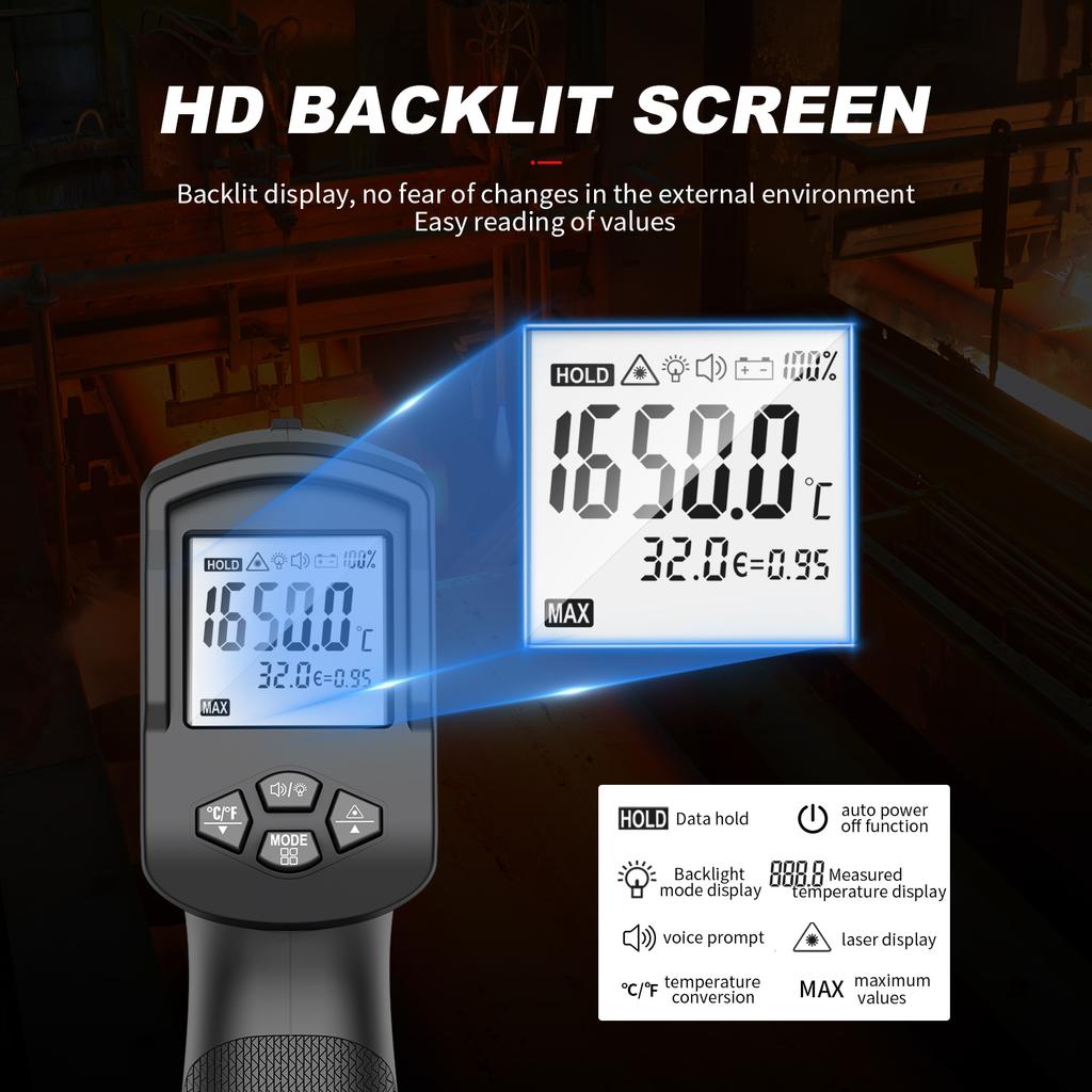Новый улучшенный цифровой инфракрасный термометр -50~600/800/1200/1400/1650 градусов Двойной лазер Бесконтактный термометр Пистолет-термометр