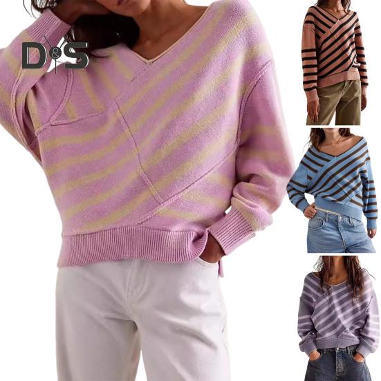 Женский свитер с длинным рукавом, полосатый, цветной, трикотажный свитер с V-образным вырезом, свободный пуловер, джемпер, топы, повседневная одежда